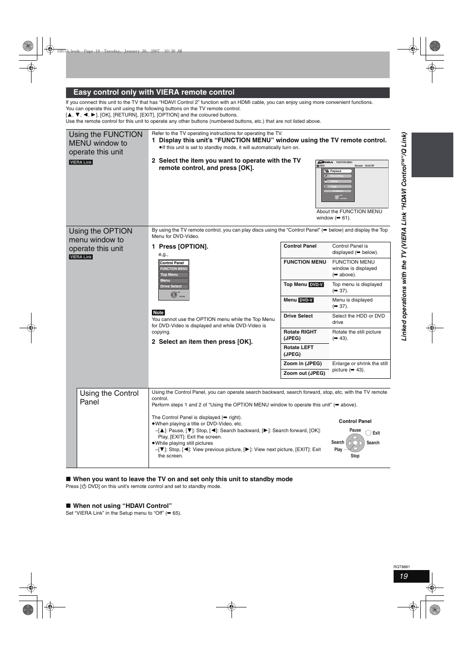 Using the option menu window to operate this unit, Using the control panel | Panasonic DMR-EH575 User Manual | Page 19 / 84