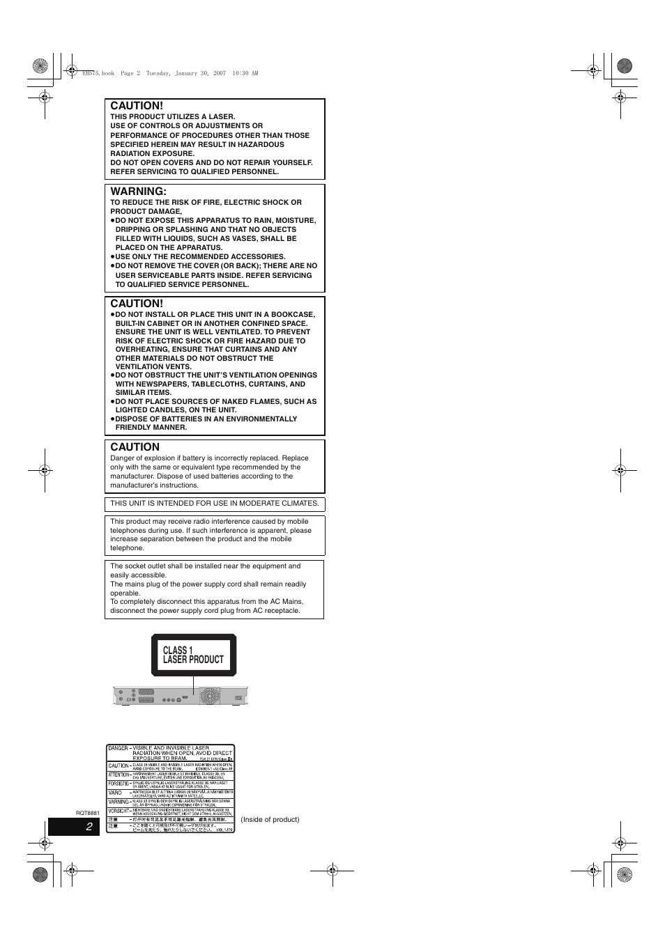 Caution, Warning, Class 1 laser product | Panasonic DMR-EH575 User Manual | Page 2 / 84