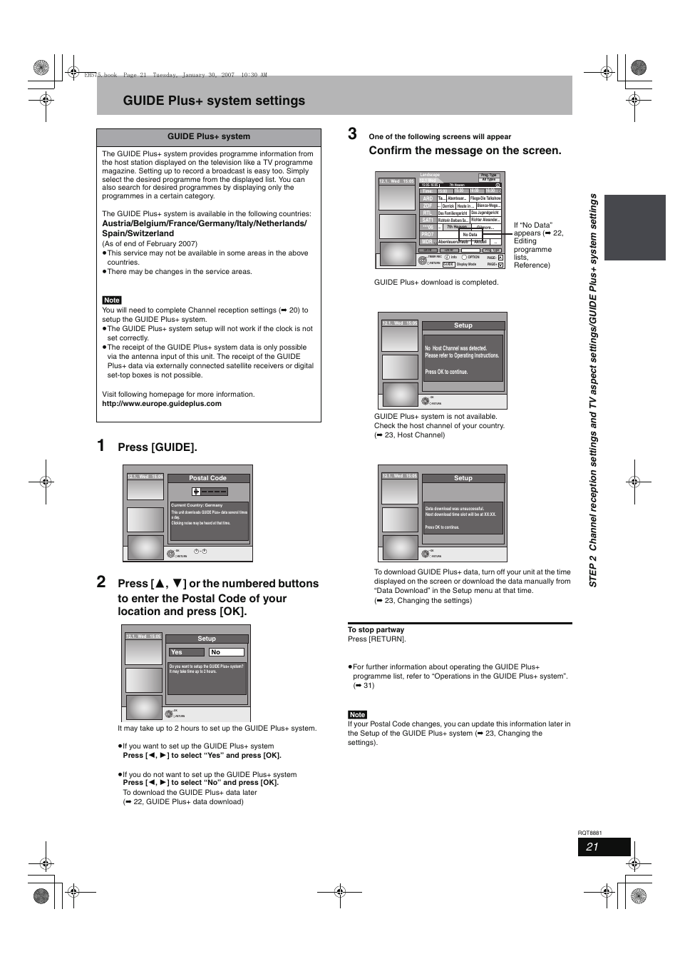 Guide plus+ system settings, Press [guide, Confirm the message on the screen | Panasonic DMR-EH575 User Manual | Page 21 / 84