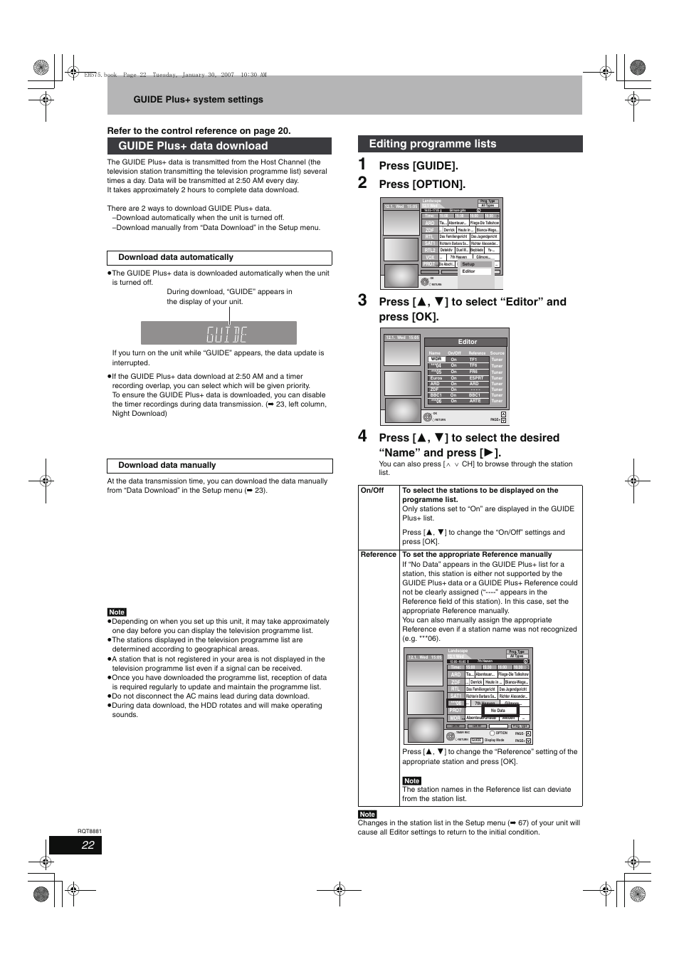 Press [guide, Press [option, Press [ 3 , 4 ] to select “editor” and press [ok | Guide plus+ data download, Editing programme lists | Panasonic DMR-EH575 User Manual | Page 22 / 84