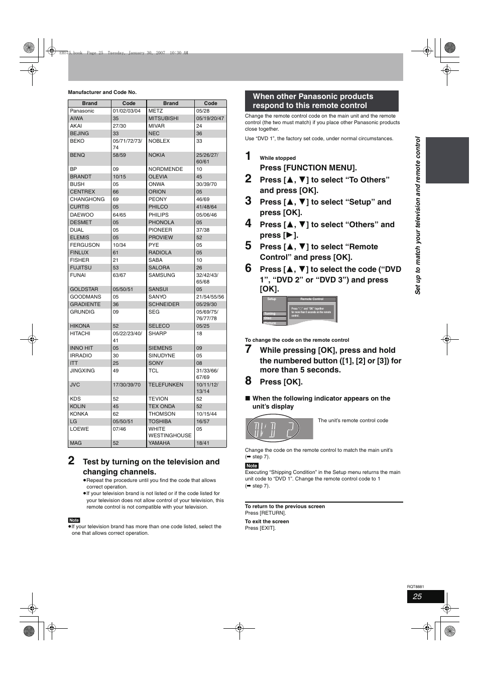 Press [function menu, Press [ 3 , 4 ] to select “setup” and press [ok, Press [ 3 , 4 ] to select “others” and press [ 1 | Press [ok | Panasonic DMR-EH575 User Manual | Page 25 / 84