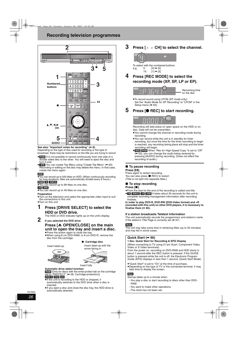 Recording television programmes, Press [ w x ch] to select the channel, Press [ ¥ rec] to start recording | Quick start ( ➡ 66) | Panasonic DMR-EH575 User Manual | Page 26 / 84