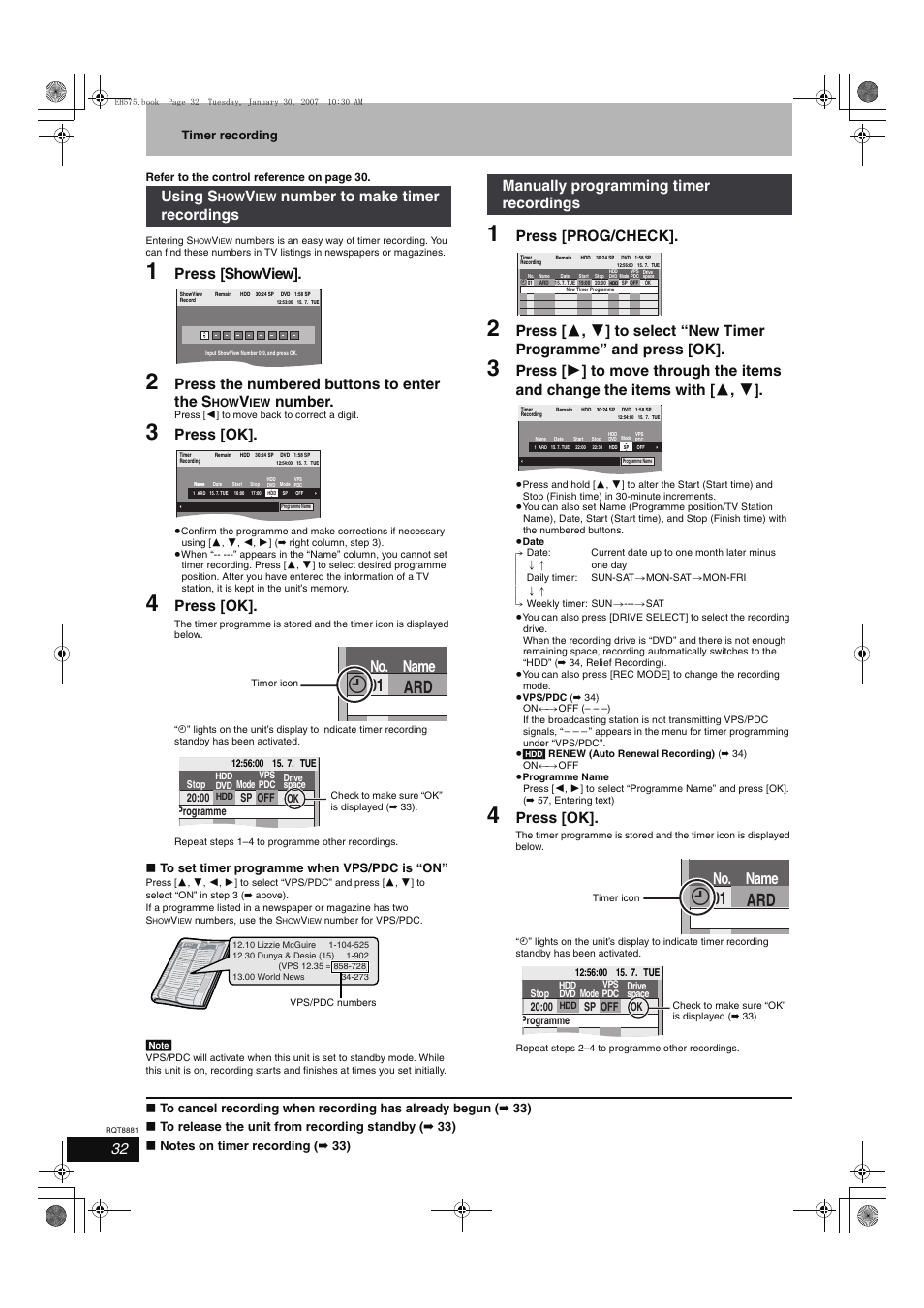 Ard 01, No. name, Press [showview | Press the numbered buttons to enter the s, Number, Press [ok, Press [prog/check, Using s, Number to make timer recordings, Manually programming timer recordings | Panasonic DMR-EH575 User Manual | Page 32 / 84