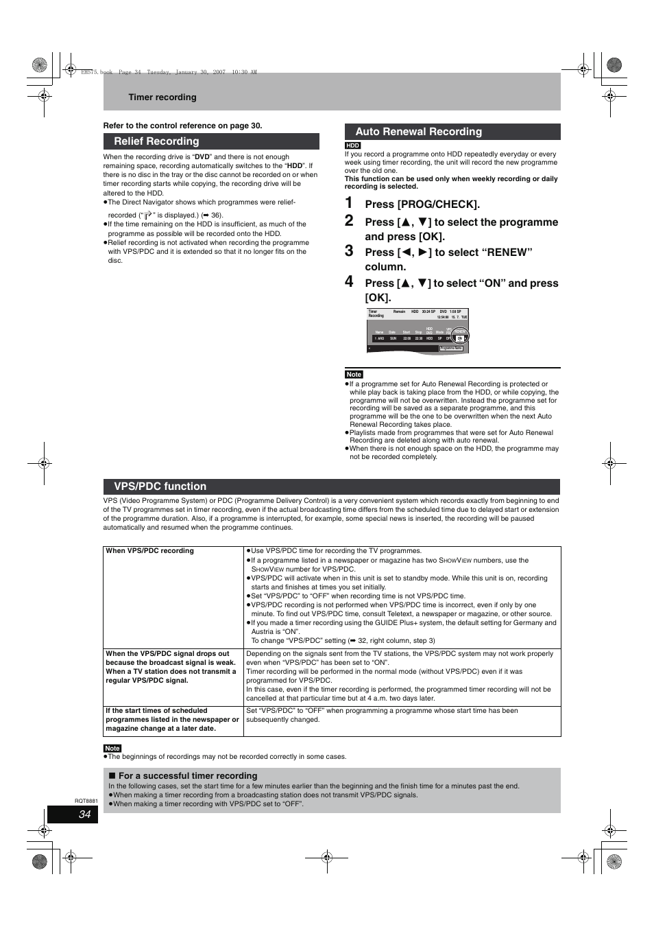 Press [prog/check, Press [ 2 , 1 ] to select “renew” column, Press [ 3 , 4 ] to select “on” and press [ok | Relief recording auto renewal recording, Vps/pdc function | Panasonic DMR-EH575 User Manual | Page 34 / 84