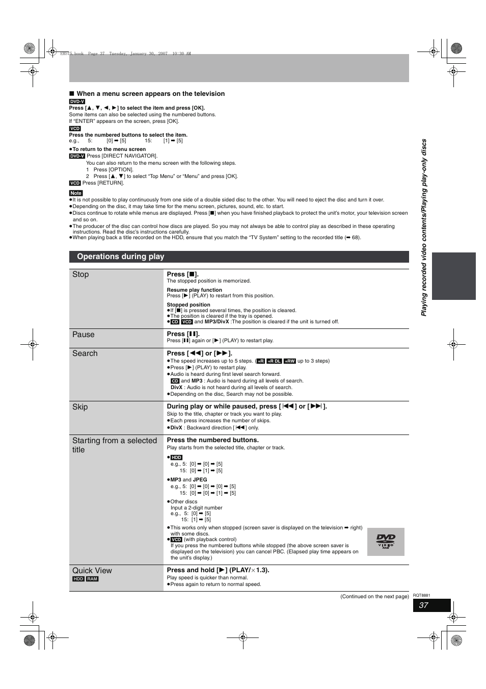 Operations during play stop, Pause, Search | Skip, Starting from a selected title, Quick view | Panasonic DMR-EH575 User Manual | Page 37 / 84