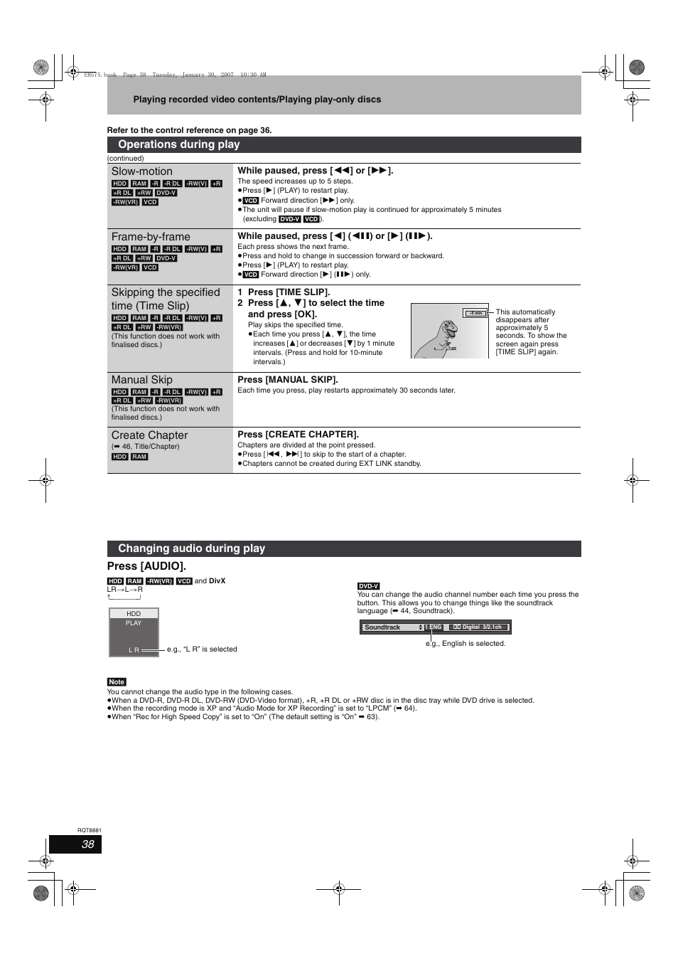 Press [audio, Operations during play slow-motion, Frame-by-frame | Skipping the specified time (time slip), Manual skip, Create chapter, Changing audio during play | Panasonic DMR-EH575 User Manual | Page 38 / 84