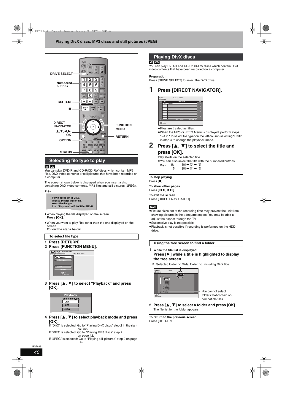 Press [direct navigator, Press [ 3 , 4 ] to select the title and press [ok, Selecting file type to play | Playing divx discs | Panasonic DMR-EH575 User Manual | Page 40 / 84