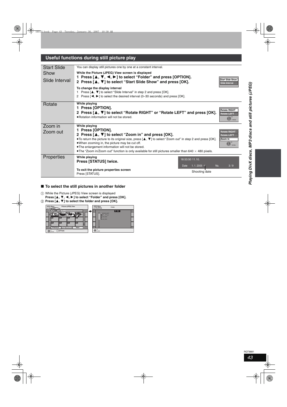 Rotate, Zoom in zoom out, Properties | Press [status] twice | Panasonic DMR-EH575 User Manual | Page 43 / 84
