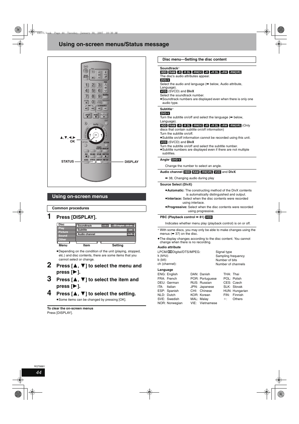 Using on-screen menus/status message, Press [display, Press [ 3 , 4 ] to select the menu and press [ 1 | Press [ 3 , 4 ] to select the item and press [ 1, Press [ 3 , 4 ] to select the setting, Using on-screen menus | Panasonic DMR-EH575 User Manual | Page 44 / 84