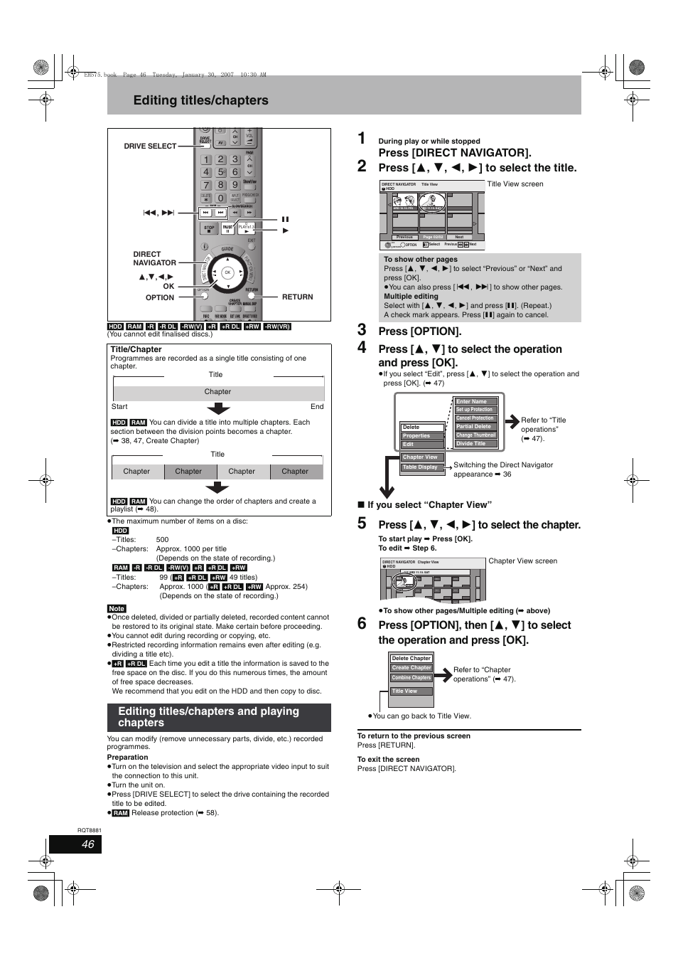 Editing titles/chapters, Press [direct navigator, Press [ 3 , 4 , 2 , 1 ] to select the title | Press [option, Press [ 3 , 4 , 2 , 1 ] to select the chapter, Editing titles/chapters and playing chapters, If you select “chapter view | Panasonic DMR-EH575 User Manual | Page 46 / 84