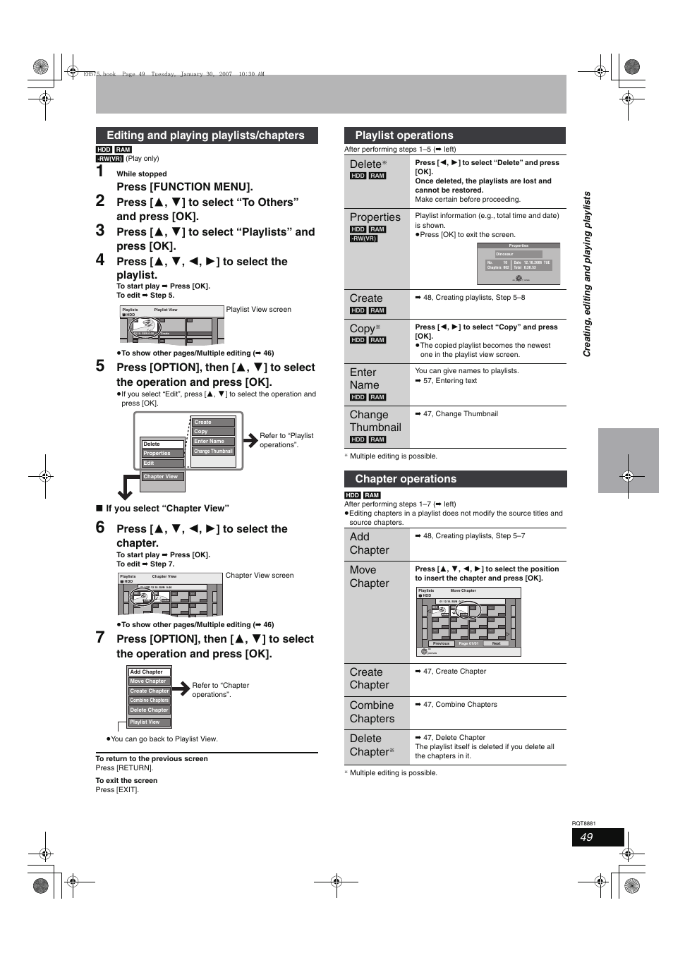 Press [function menu, Press [ 3 , 4 , 2 , 1 ] to select the playlist, Press [ 3 , 4 , 2 , 1 ] to select the chapter | Editing and playing playlists/chapters, Playlist operations delete, Properties, Create, Copy, Enter name, Change thumbnail | Panasonic DMR-EH575 User Manual | Page 49 / 84