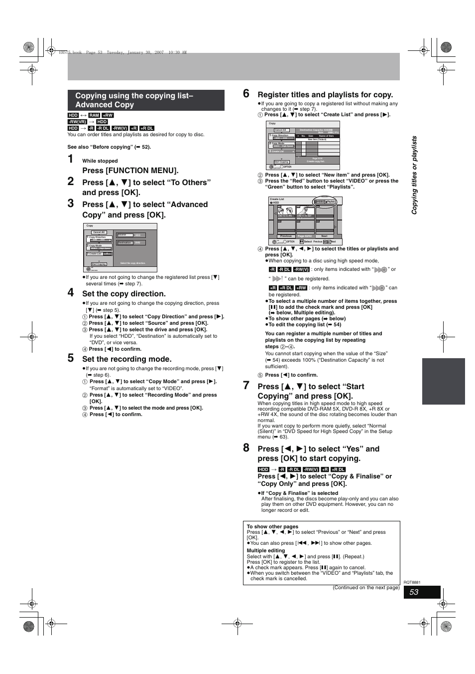 Press [function menu, Set the copy direction, Set the recording mode | Register titles and playlists for copy, Copying using the copying list– advanced copy, Cop y ing title s or pla y li s ts | Panasonic DMR-EH575 User Manual | Page 53 / 84