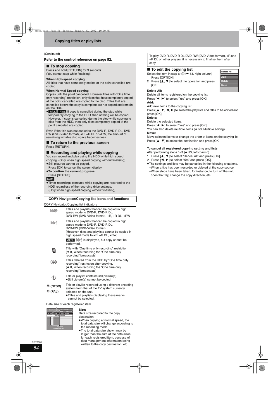 Copying titles or playlists, Recording and playing while copying | Panasonic DMR-EH575 User Manual | Page 54 / 84
