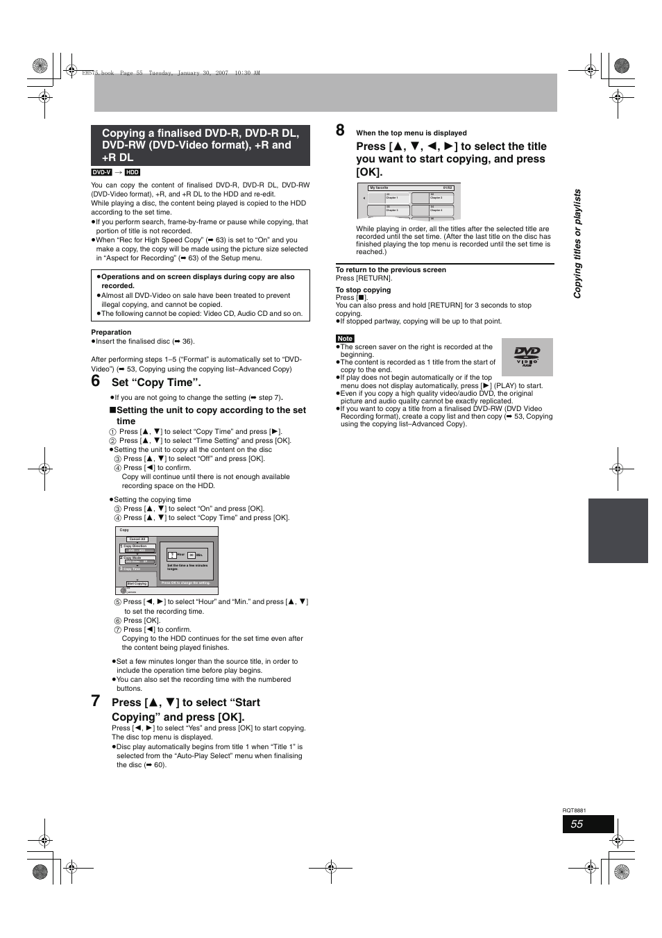 Set “copy time, Setting the unit to copy according to the set time, Cop y ing title s or pla y li s ts | Panasonic DMR-EH575 User Manual | Page 55 / 84