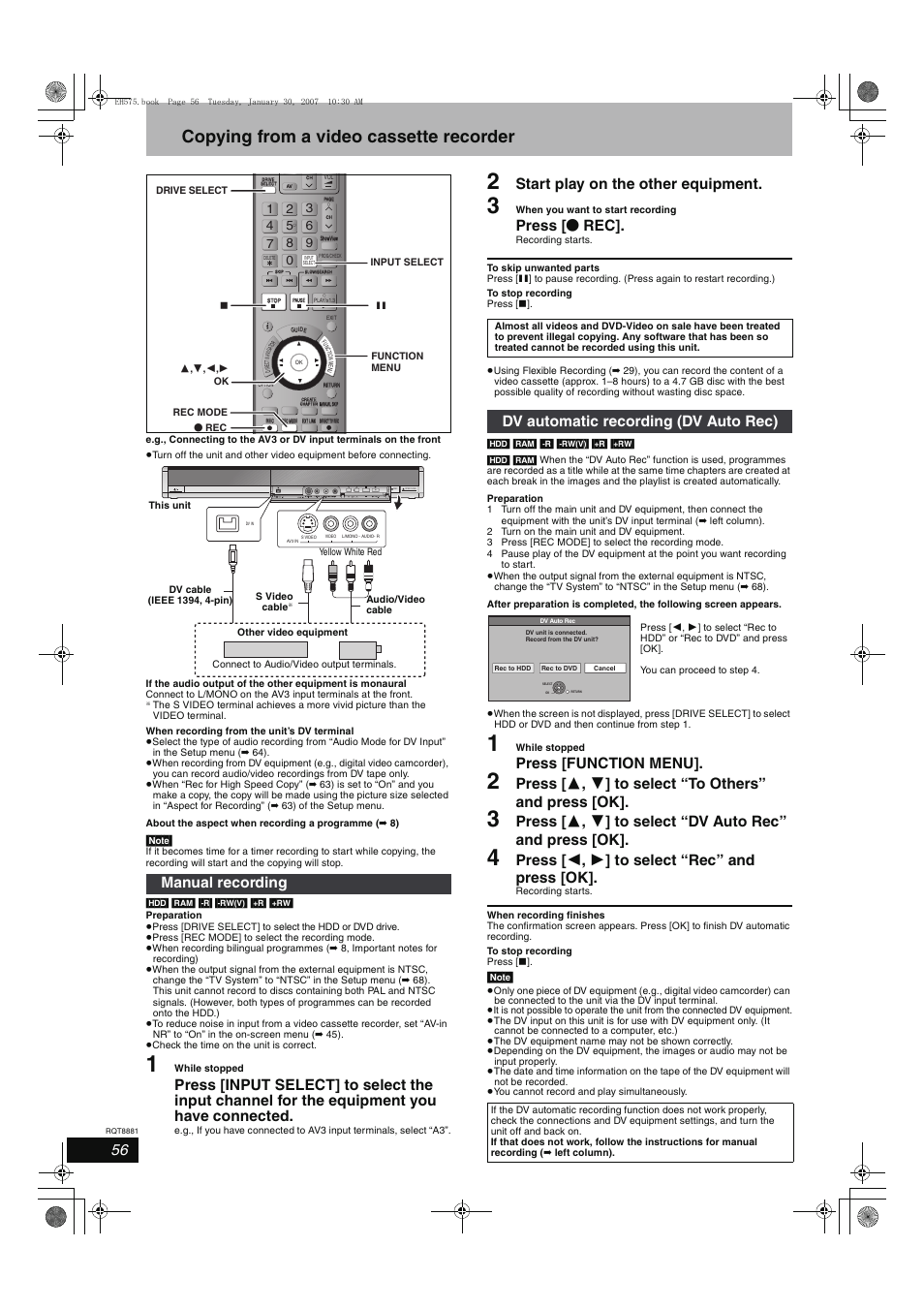 Copying from a video cassette recorder, Start play on the other equipment, Press [ ¥ rec | Press [function menu, Press [ 2 , 1 ] to select “rec” and press [ok, Manual recording, Dv automatic recording (dv auto rec) | Panasonic DMR-EH575 User Manual | Page 56 / 84