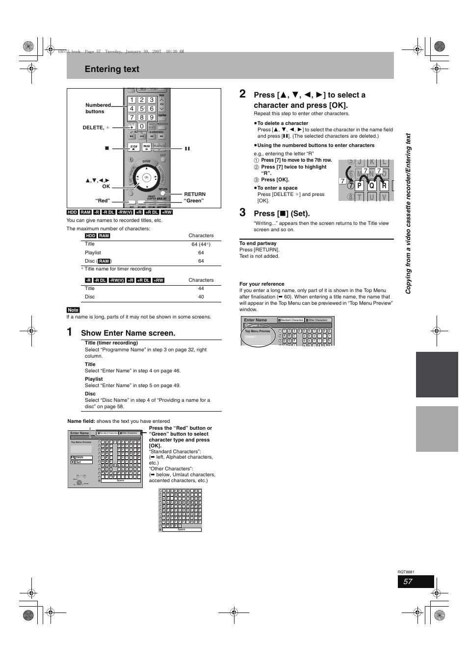 Entering text, Show enter name screen, Press [ ∫ ] (set) | Panasonic DMR-EH575 User Manual | Page 57 / 84