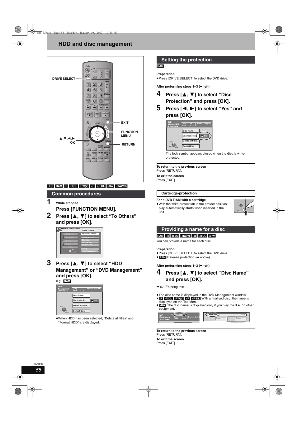 Hdd and disc management, Press [function menu, Press [ 2 , 1 ] to select “yes” and press [ok | Common procedures, Setting the protection, Providing a name for a disc | Panasonic DMR-EH575 User Manual | Page 58 / 84