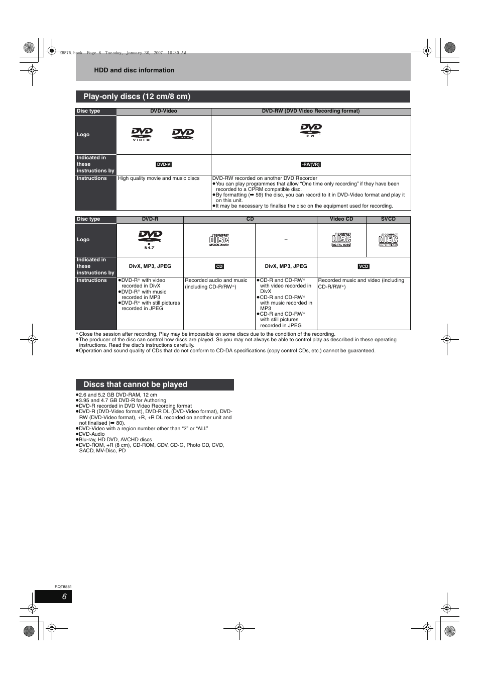 Play-only discs (12 cm/8 cm), Discs that cannot be played | Panasonic DMR-EH575 User Manual | Page 6 / 84