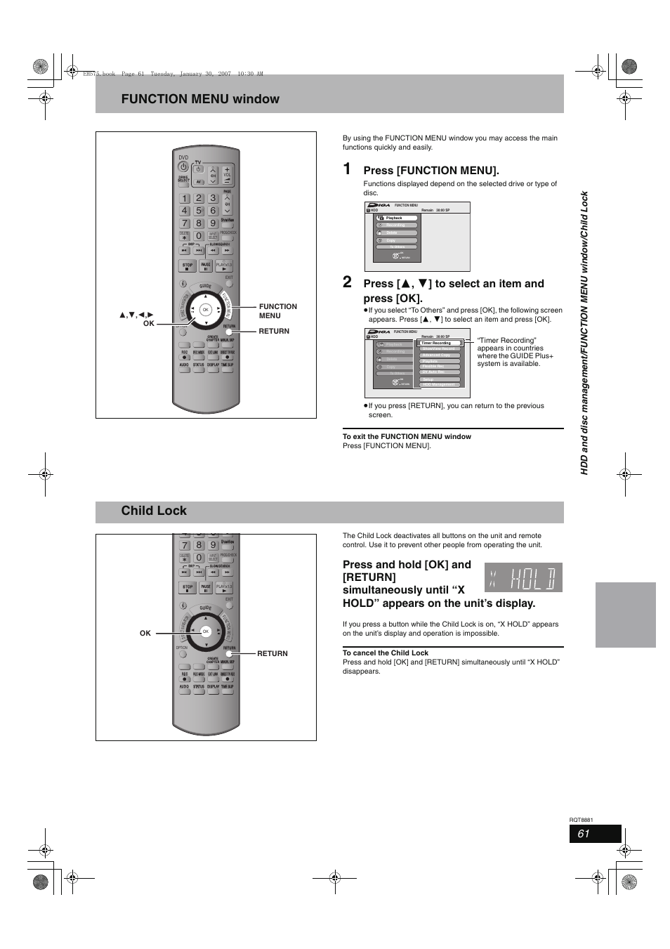 Function menu window, Child lock, Press [function menu | Press [ 3 , 4 ] to select an item and press [ok | Panasonic DMR-EH575 User Manual | Page 61 / 84