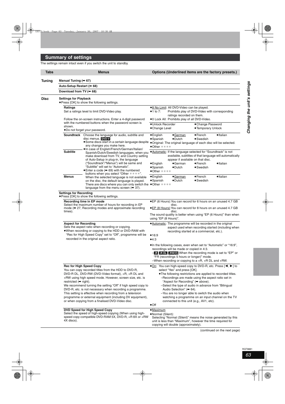 Summary of settings | Panasonic DMR-EH575 User Manual | Page 63 / 84