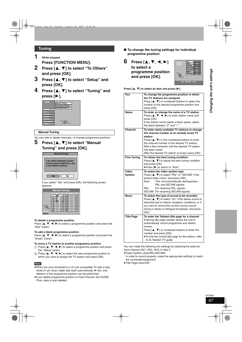 Press [function menu, Press [ 3 , 4 ] to select “setup” and press [ok, Press [ 3 , 4 ] to select “tuning” and press [ 1 | Tuning | Panasonic DMR-EH575 User Manual | Page 67 / 84