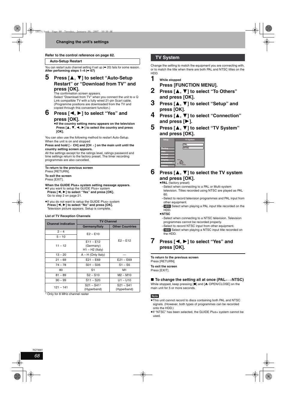 Press [ 2 , 1 ] to select “yes” and press [ok, Press [function menu, Press [ 3 , 4 ] to select “setup” and press [ok | Tv system | Panasonic DMR-EH575 User Manual | Page 68 / 84