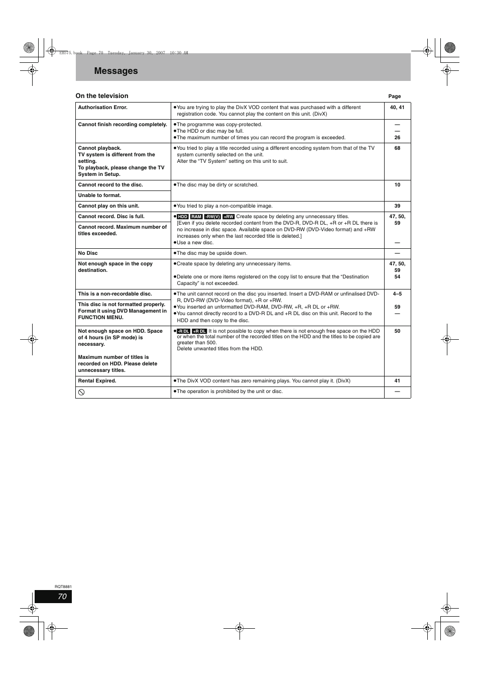 Messages | Panasonic DMR-EH575 User Manual | Page 70 / 84