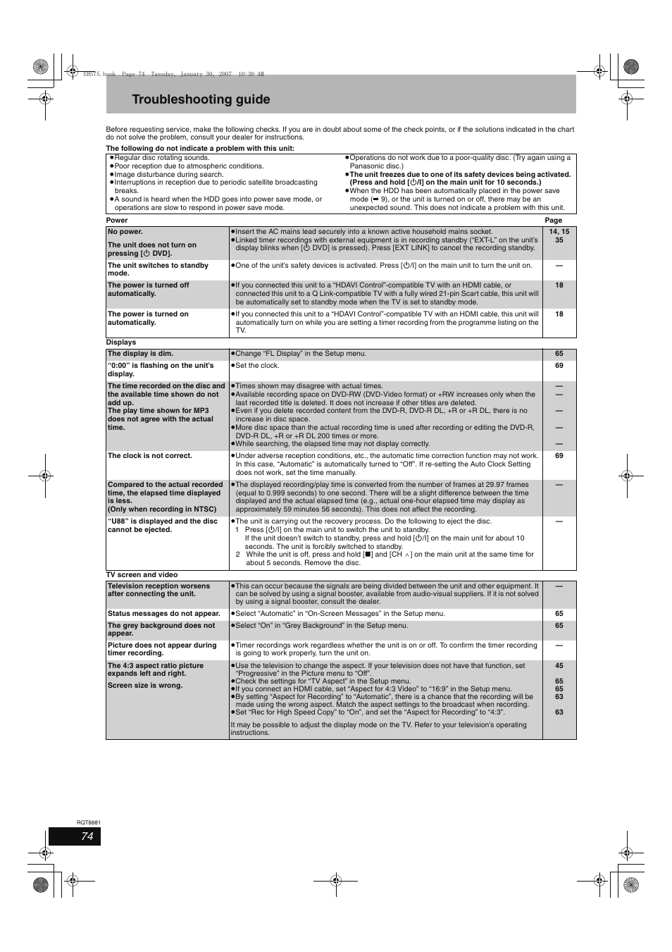 Troubleshooting guide | Panasonic DMR-EH575 User Manual | Page 74 / 84