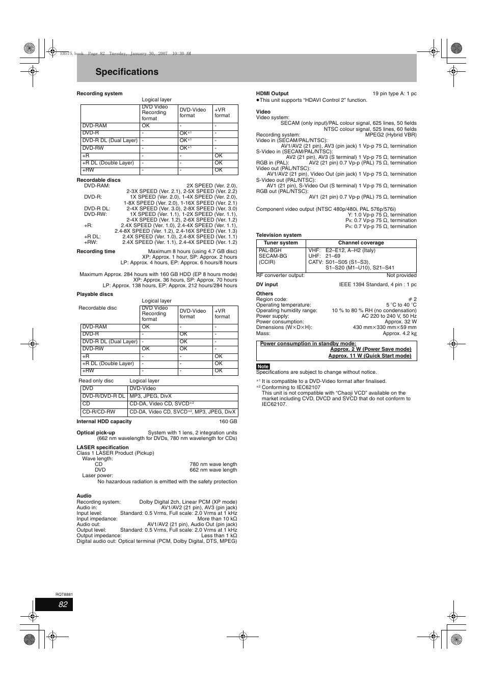 Specifications | Panasonic DMR-EH575 User Manual | Page 82 / 84