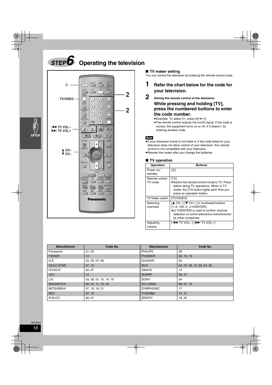 Step 6 operating the television, Step, Operating the television | Tv maker setting, Tv operation | Panasonic SC-HT790V User Manual | Page 16 / 64