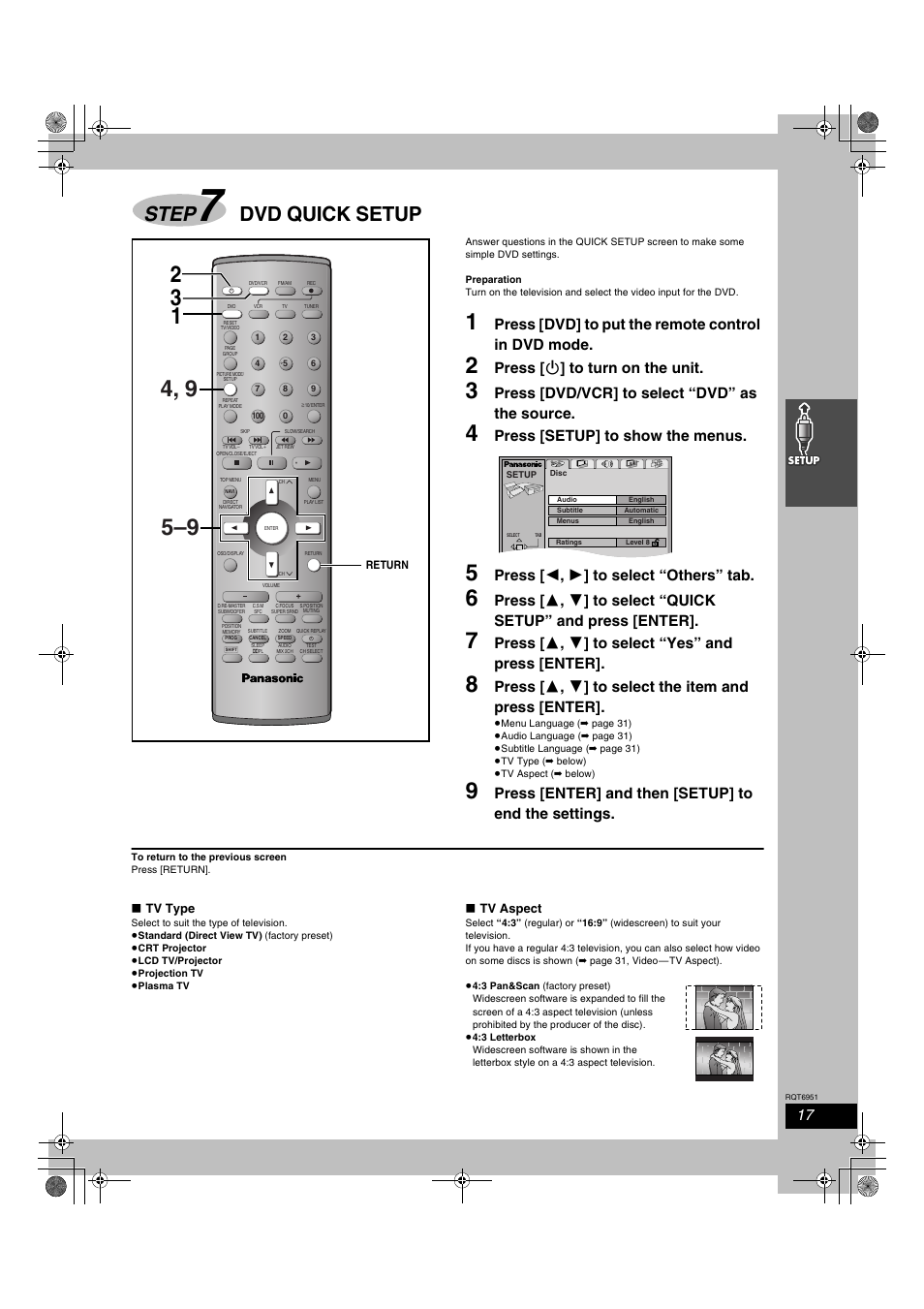 Step 7 dvd quick setup, Step, Dvd quick setup | Press [dvd] to put the remote control in dvd mode, Press [ í ] to turn on the unit, Press [dvd/vcr] to select “dvd” as the source, Press [setup] to show the menus, Press [ 2 , 1 ] to select “others” tab, Press [ 3 , 4 ] to select “yes” and press [enter, Press [enter] and then [setup] to end the settings | Panasonic SC-HT790V User Manual | Page 17 / 64