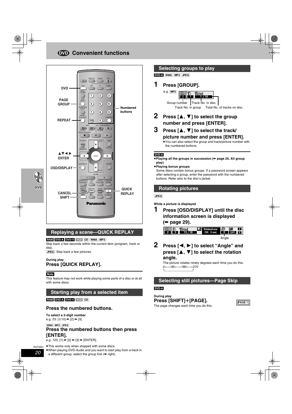 Convenient functions, Press [quick replay, Press the numbered buttons | Press the numbered buttons then press [enter, Press [group, Press [shift] r [page | Panasonic SC-HT790V User Manual | Page 20 / 64