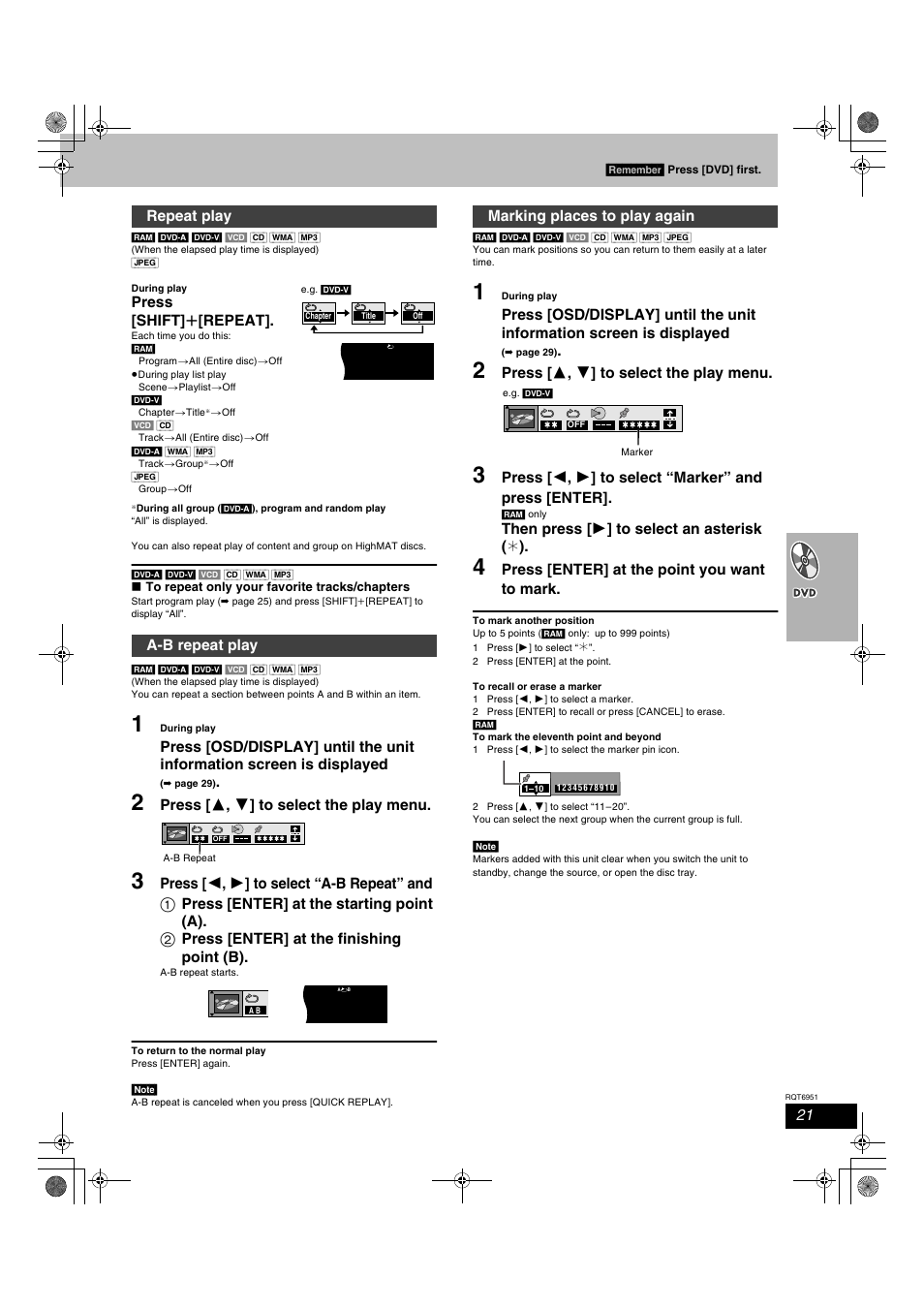 Press [shift] r [repeat, Press [ 3 , 4 ] to select the play menu, Then press [ 1 ] to select an asterisk ( ¢ ) | Press [enter] at the point you want to mark, Repeat play a-b repeat play, Marking places to play again | Panasonic SC-HT790V User Manual | Page 21 / 64