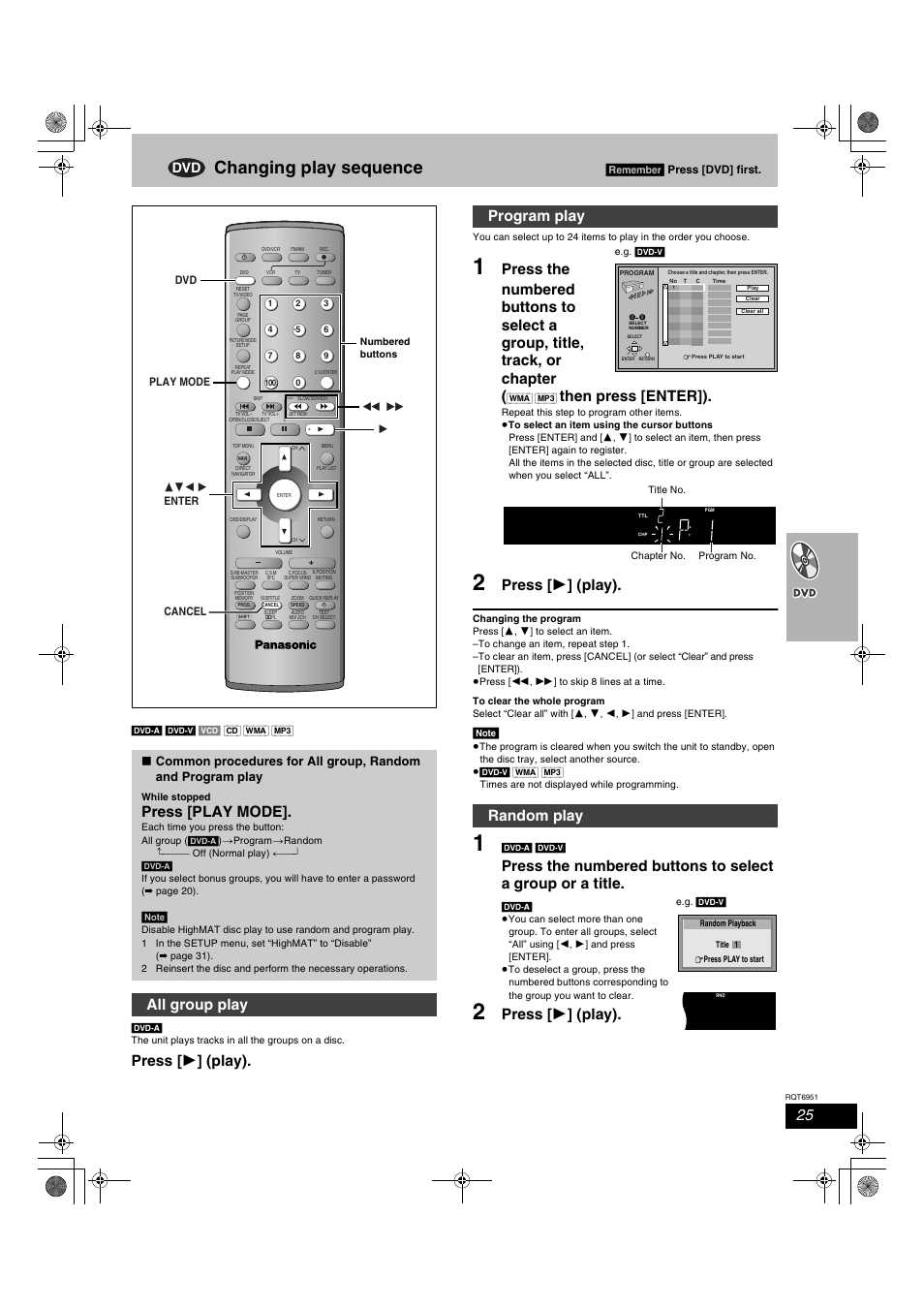 Changing play sequence, Press [ 1 ] (play), Then press [enter]) | Press [play mode, All group play, Program play random play, Remember | Panasonic SC-HT790V User Manual | Page 25 / 64