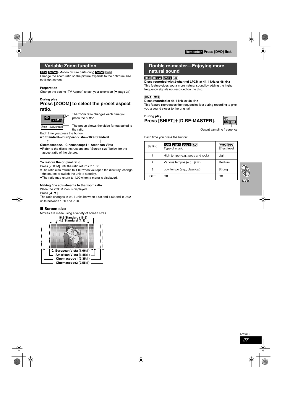 Press [zoom] to select the preset aspect ratio, Press [shift] r [d.re-master, Variable zoom function | Double re-master—enjoying more natural sound | Panasonic SC-HT790V User Manual | Page 27 / 64