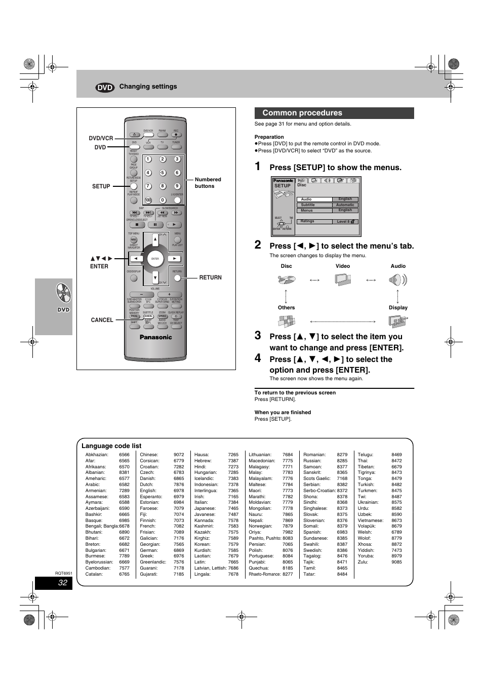 Press [setup] to show the menus, Press [ 2 , 1 ] to select the menu’s tab, Common procedures | Changing settings, Language code list | Panasonic SC-HT790V User Manual | Page 32 / 64
