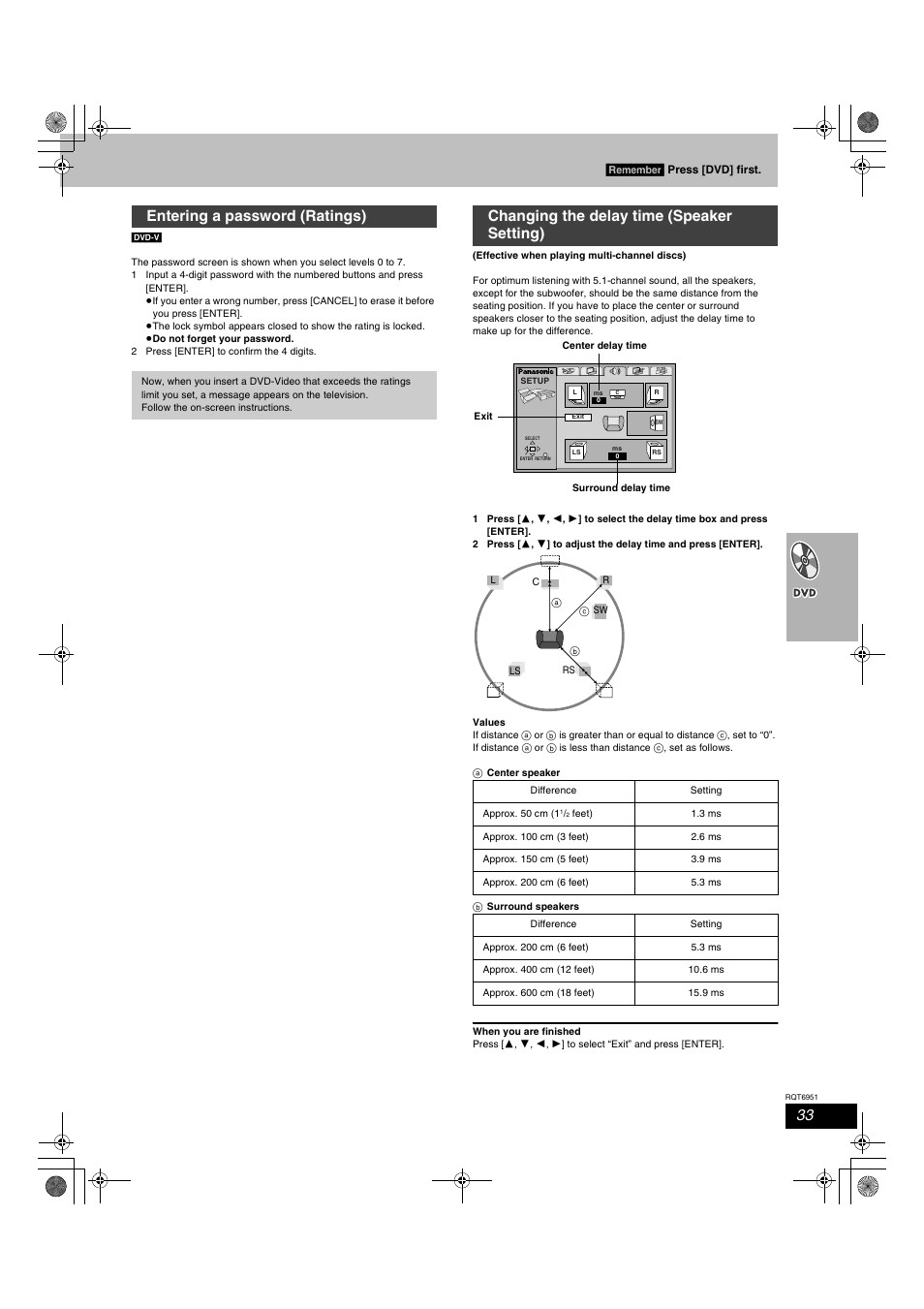 Entering a password (ratings), Changing the delay time (speaker setting), Remember | Panasonic SC-HT790V User Manual | Page 33 / 64