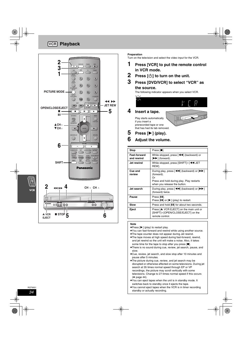 Playback, Press [vcr] to put the remote control in vcr mode, Press [ í ] to turn on the unit | Press [dvd/vcr] to select “vcr” as the source, Insert a tape, Press [ 1 ] (play), Adjust the volume | Panasonic SC-HT790V User Manual | Page 34 / 64