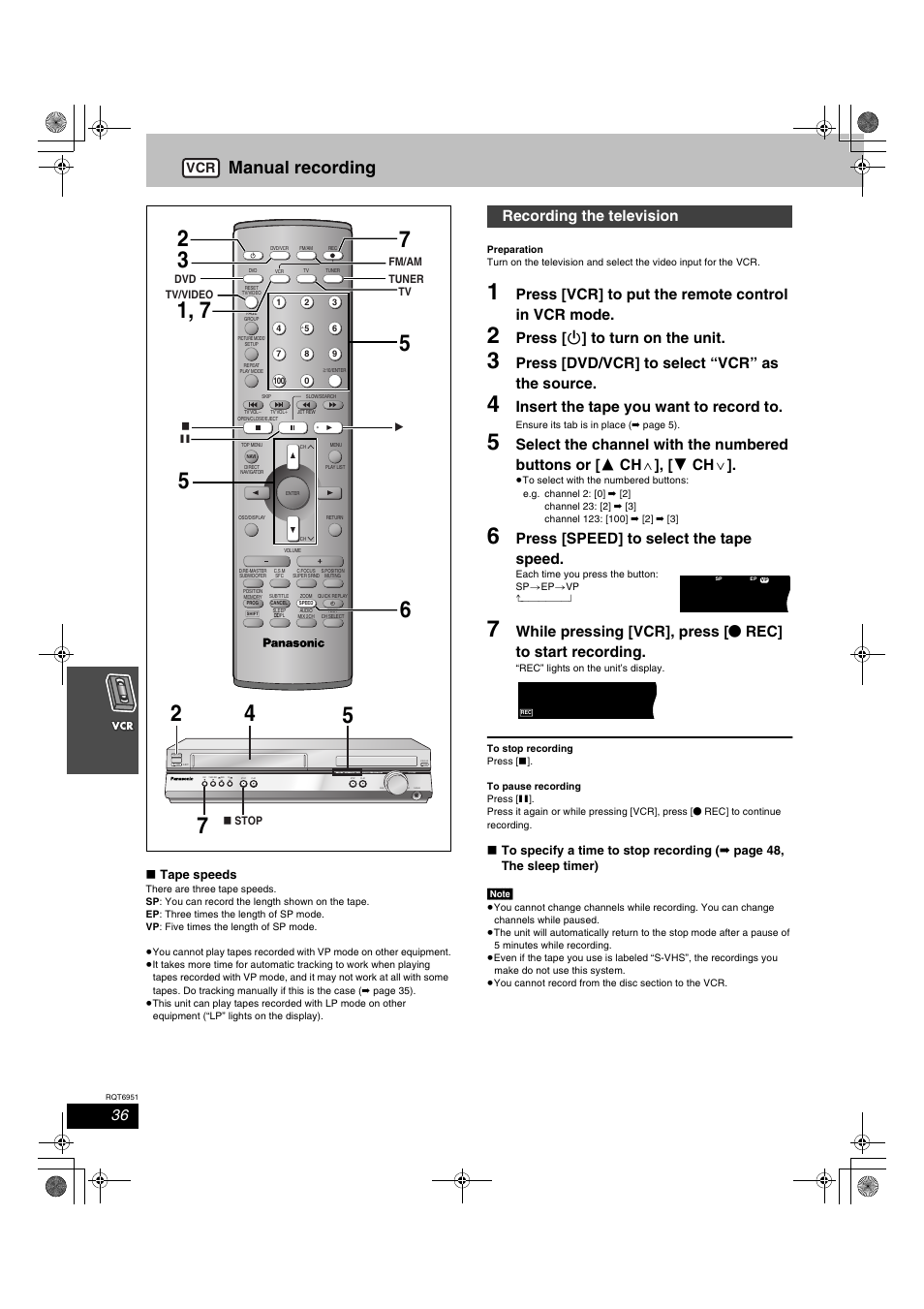 Manual recording, Press [vcr] to put the remote control in vcr mode, Press [ í ] to turn on the unit | Press [dvd/vcr] to select “vcr” as the source, Insert the tape you want to record to, Press [speed] to select the tape speed, Recording the television | Panasonic SC-HT790V User Manual | Page 36 / 64