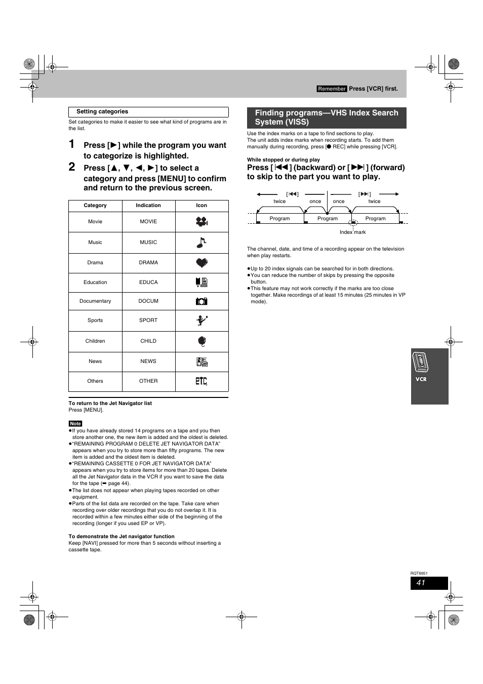 Finding programs—vhs index search system (viss) | Panasonic SC-HT790V User Manual | Page 41 / 64