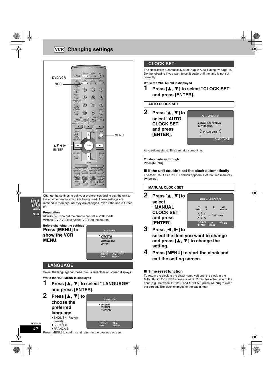 Changing settings, Press [menu] to show the vcr menu, Press [ 3 , 4 ] to choose the preferred language | Language, Clock set, If the unit couldn’t set the clock automatically, Time reset function | Panasonic SC-HT790V User Manual | Page 42 / 64