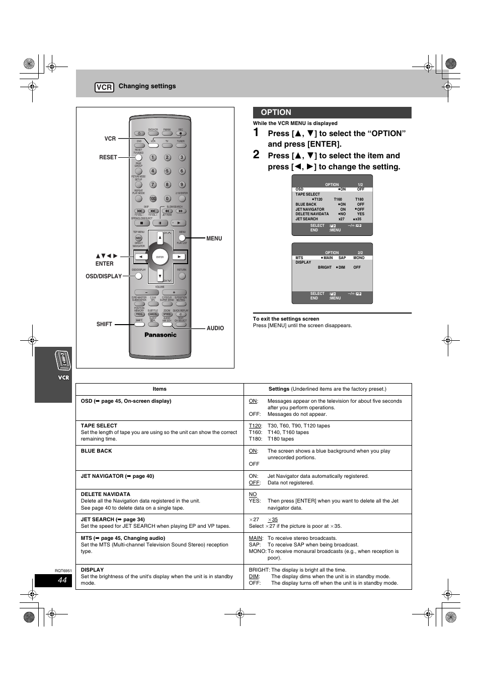 Option, Changing settings | Panasonic SC-HT790V User Manual | Page 44 / 64