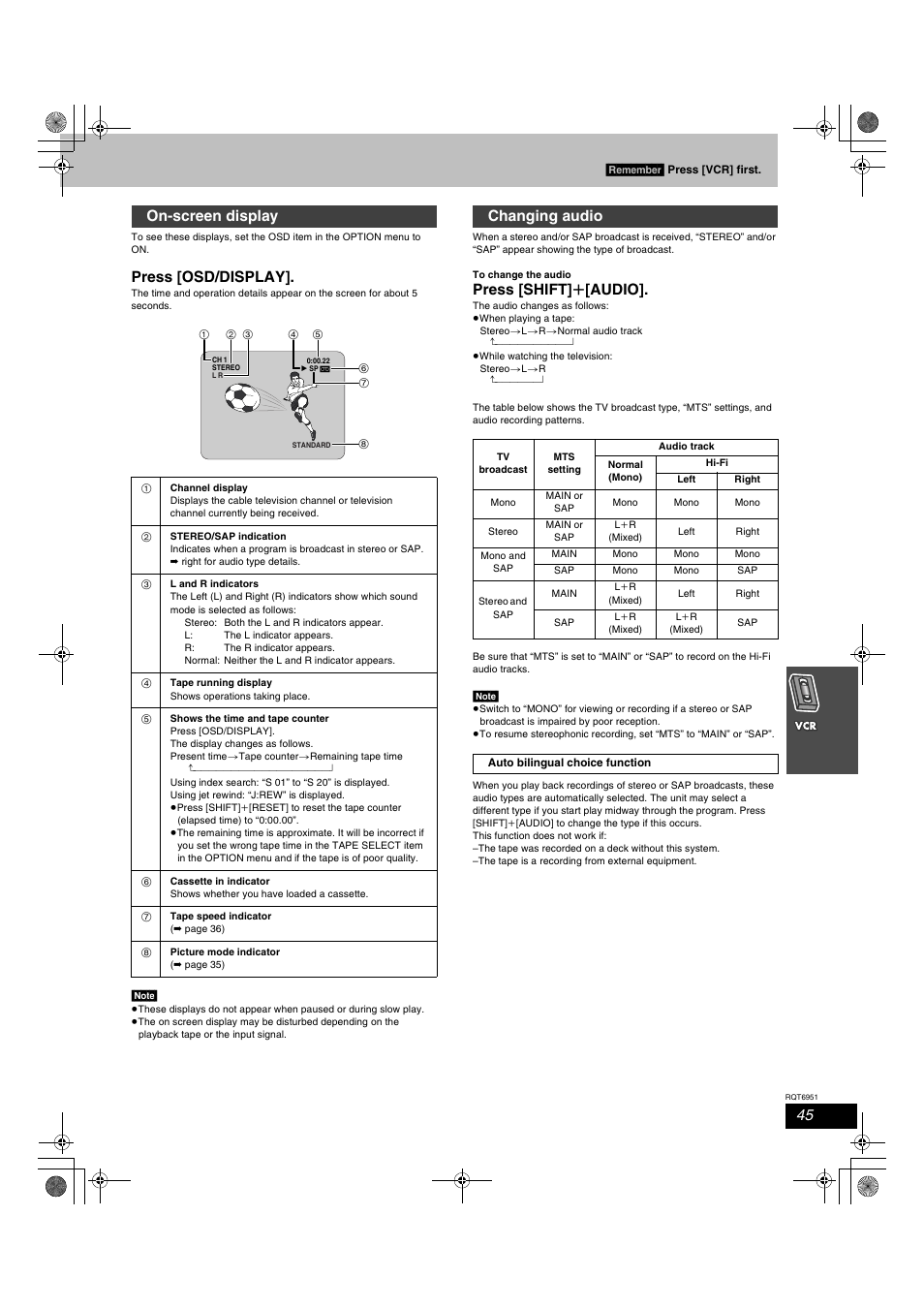 Press [osd/display, Press [shift] r [audio, On-screen display | Changing audio | Panasonic SC-HT790V User Manual | Page 45 / 64