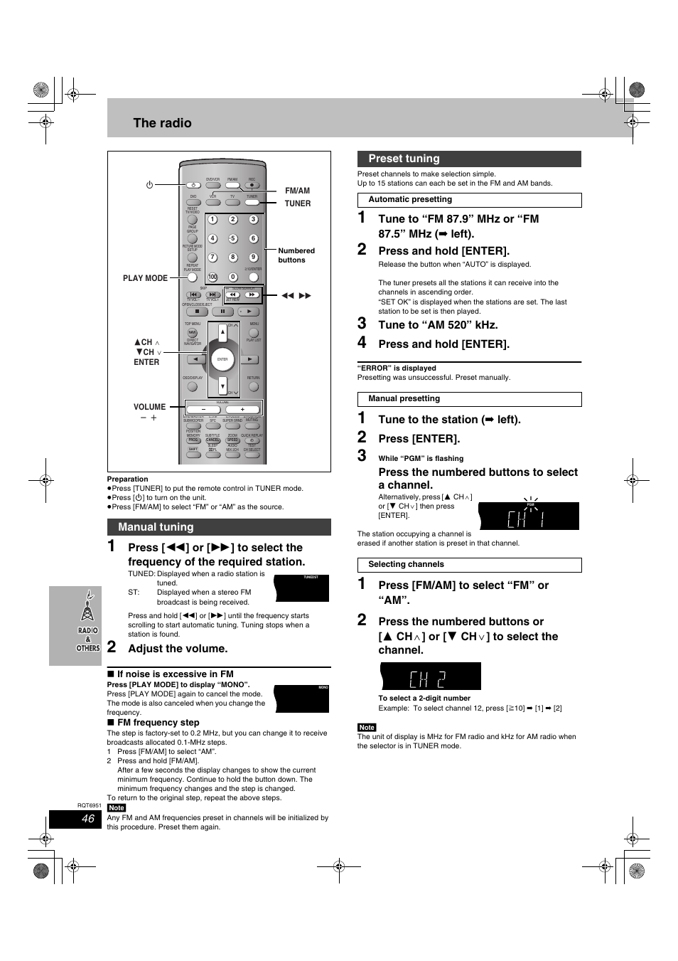 Radio & others, The radio, Adjust the volume | Press and hold [enter, Tune to “am 520” khz, Tune to the station ( ➡ left), Press [enter, Press the numbered buttons to select a channel, Press [fm/am] to select “fm” or “am, Manual tuning | Panasonic SC-HT790V User Manual | Page 46 / 64