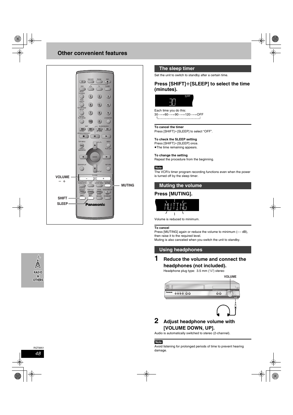 Other convenient features, Press [muting, Adjust headphone volume with [volume down, up | The sleep timer muting the volume using headphones | Panasonic SC-HT790V User Manual | Page 48 / 64