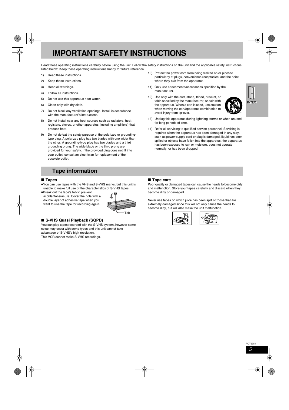 Important safety instructions, Tape information | Panasonic SC-HT790V User Manual | Page 5 / 64