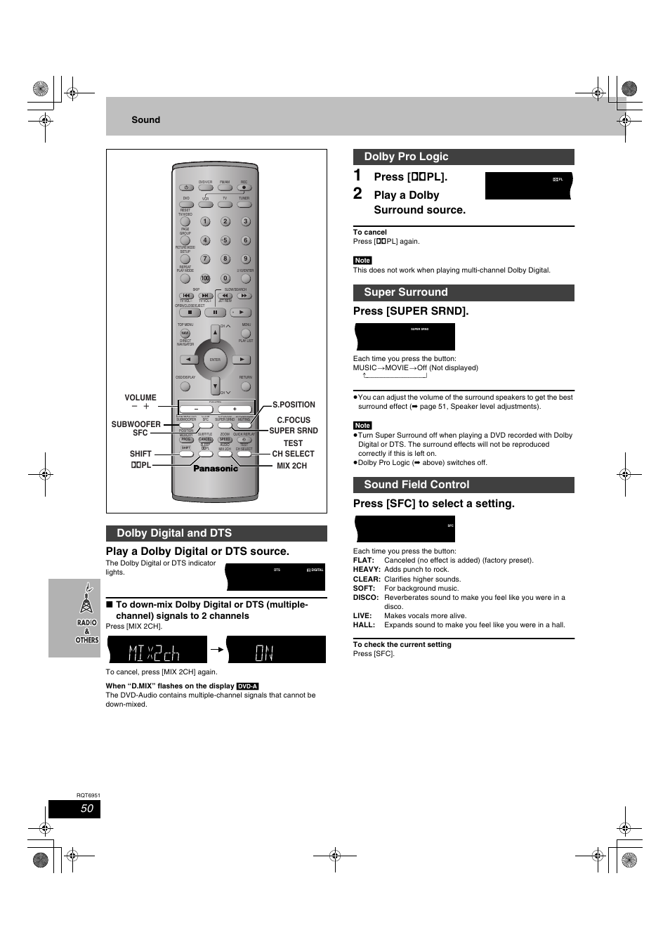 Play a dolby digital or dts source, Press [ î pl, Play a dolby surround source | Press [super srnd, Press [sfc] to select a setting, Dolby digital and dts, Dolby pro logic super surround sound field control, Sound | Panasonic SC-HT790V User Manual | Page 50 / 64