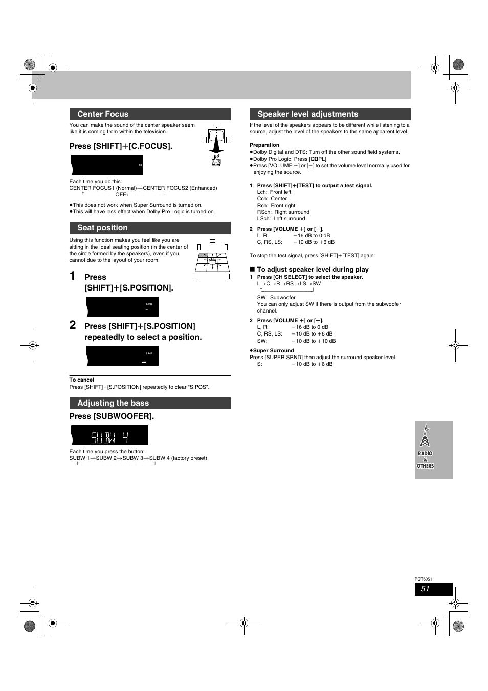 Press [shift] r [c.focus, Press [shift] r [s.position, Press [subwoofer | Center focus seat position adjusting the bass, Speaker level adjustments | Panasonic SC-HT790V User Manual | Page 51 / 64