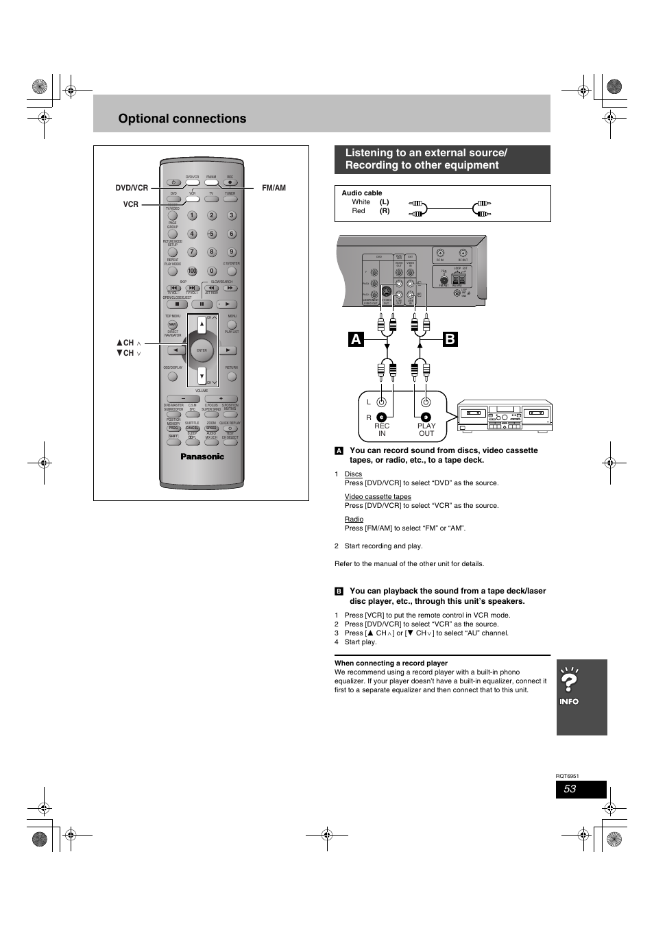 Optional connections, Fm/am dvd/vcr vcr 3 ch w 4 ch x, Audio cable white (l) red (r) | Play out rec in | Panasonic SC-HT790V User Manual | Page 53 / 64