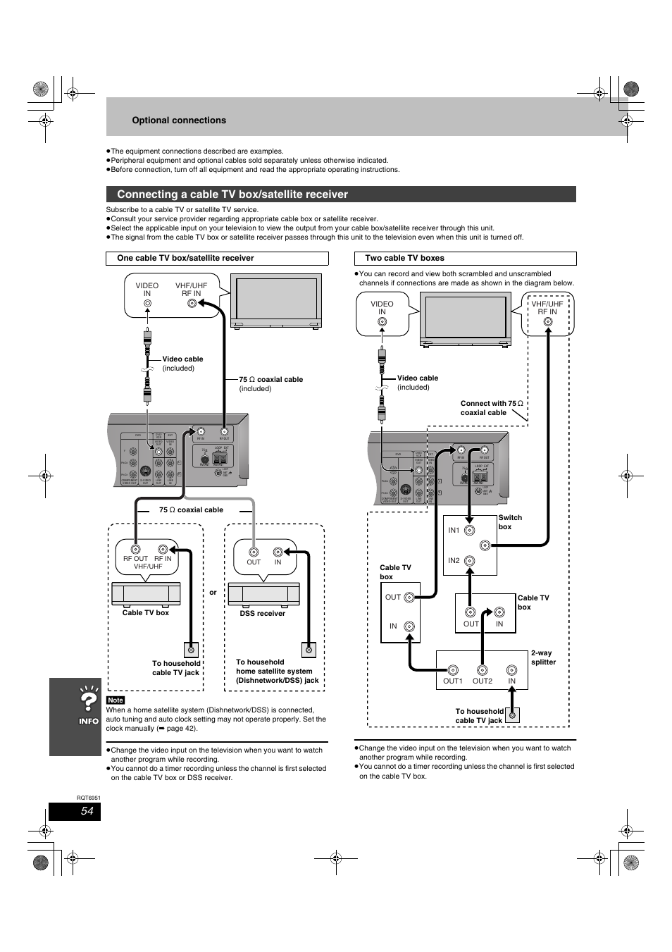 Connecting a cable tv box/satellite receiver, Optional connections, One cable tv box/satellite receiver | Two cable tv boxes, Video in vhf/uhf rf in | Panasonic SC-HT790V User Manual | Page 54 / 64